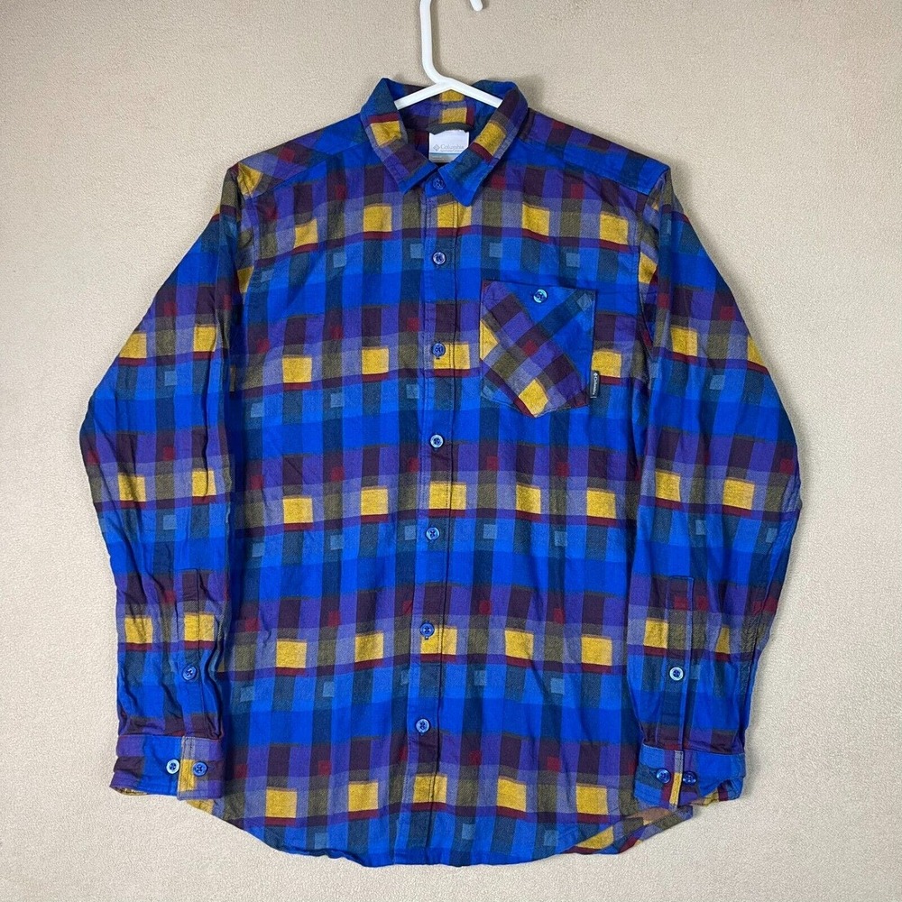 Columbia Shirt Mens Small Blue Yellow Plaid‎ Long Sleeve Hiking Outdoor Adult